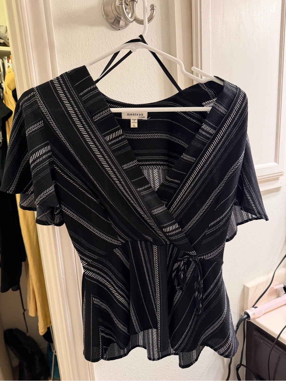 Monteau Black and White Striped Wrap Midi Dress